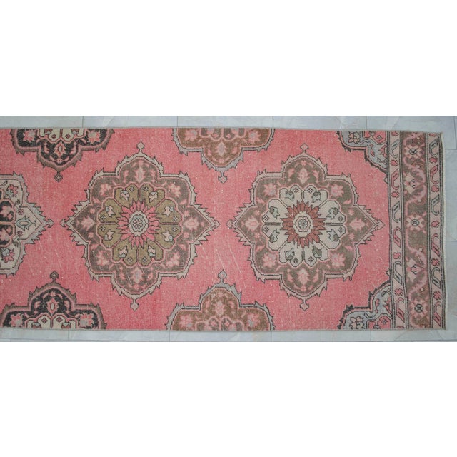 1970s Distressed Oushak Runner Rug Low Pile Faded Colors Pink Hallway Decor - 2'8″ X 12'7″ For Sale - Image 10 of 13