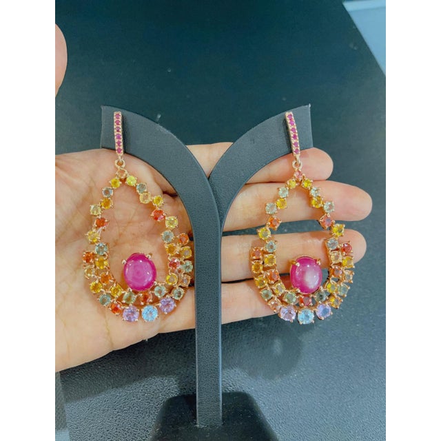 Traditional Bochic "Capri" Vintage Ruby & Multi Fancy Sapphire Earrings-18K Gold & Silver For Sale - Image 3 of 18