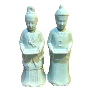 Maitland-Smith Celadon Ceramic Asian Figurines / Statues Set of Two For Sale