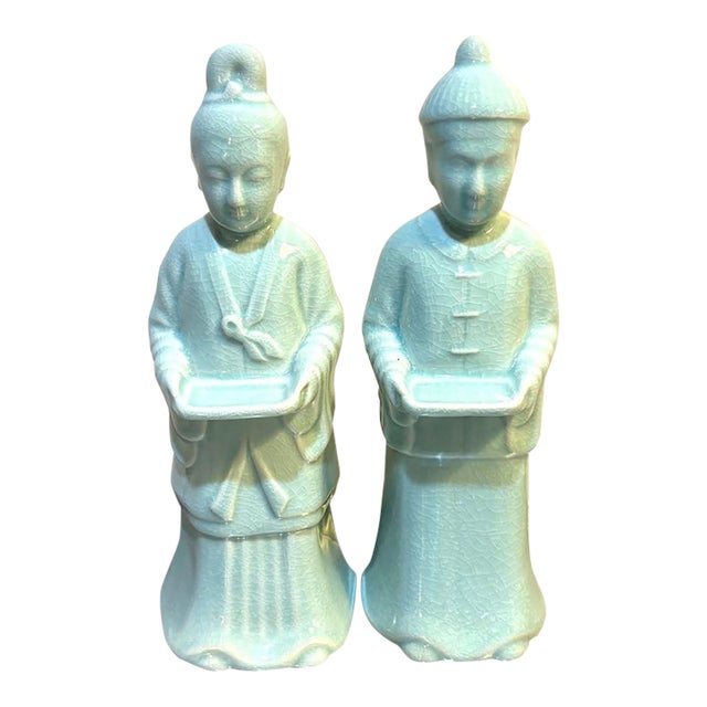 Maitland-Smith Celadon Ceramic Asian Figurines / Statues Set of Two For Sale