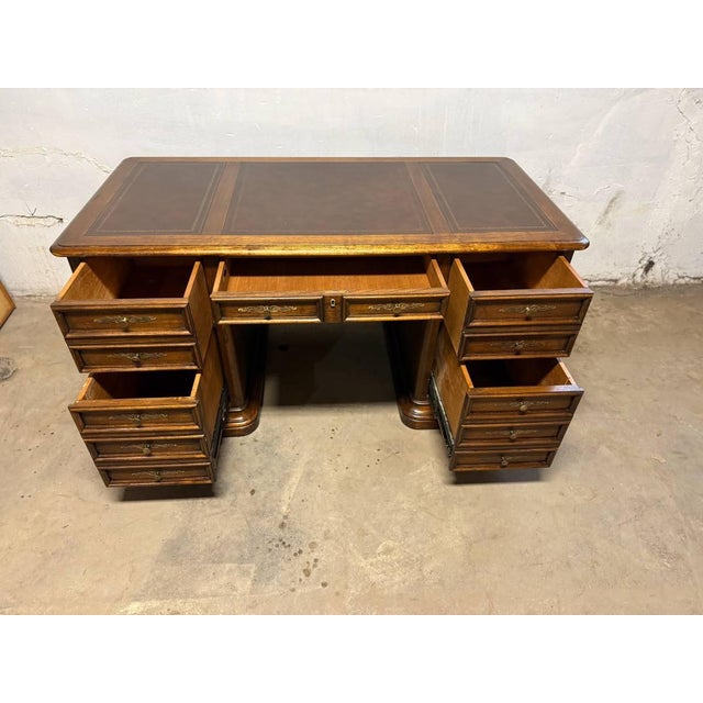 Brown Vintage Hekman Oak Tooled Leather Top Executive Office Desk " For Sale - Image 8 of 14