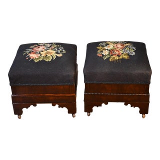 1890 Antique American Empire Mahogany & Original Needlepoint Footstools Ottomans For Sale