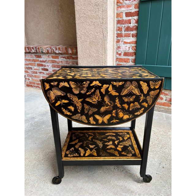 English Vintage English Bar Cart Trolley Drop Leaf Chinoiserie Butterfly Lacquer Table For Sale - Image 3 of 18