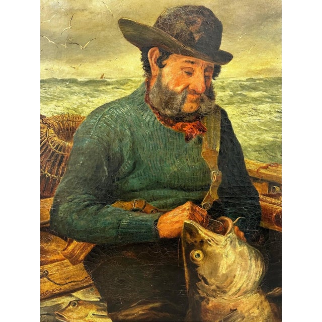 Antique British Maritime Oil Painting Cornish Fisherman by Richard Harry Carter An atmospheric antique British oil...