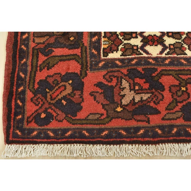 Hamedan Rug 4'3'' X 6'5'' Red Wool Vintage Tribal Hand-Knotted Oriental Carpet For Sale - Image 12 of 15