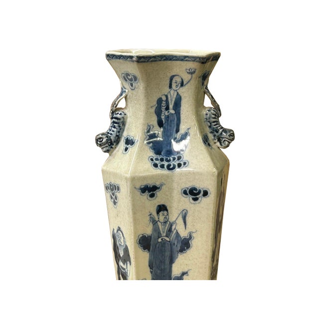 Vintage Rhombus Shape Blue White Eight Immortal Graphic Porcelain Vase For Sale - Image 11 of 18