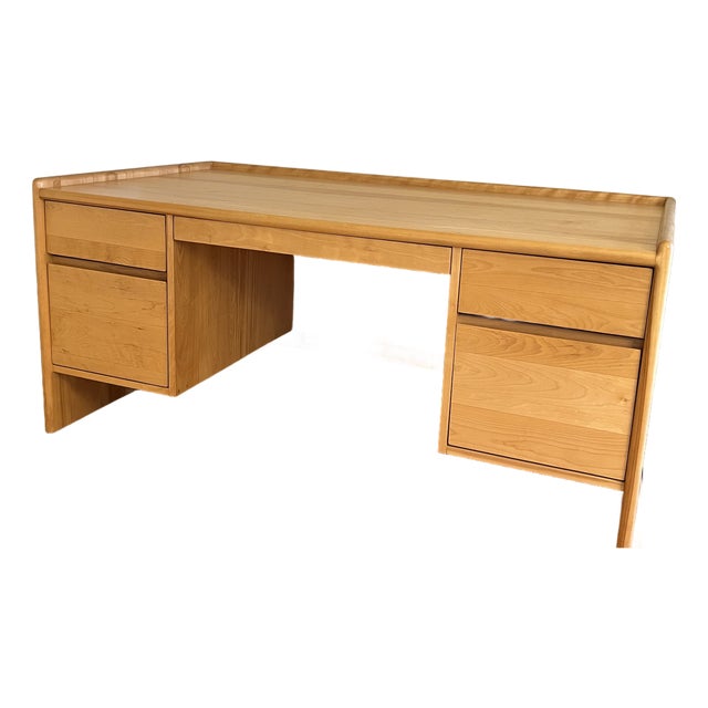 Mid-Century Modern Solid Wood Pedestal Executive Desk, Five Drawers, Raised Edge For Sale