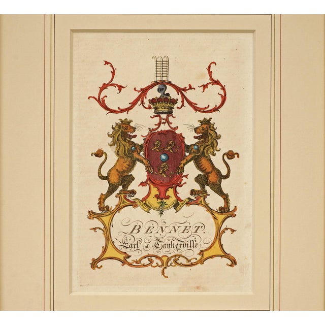 Antique hand-colored armorial engraving depicting the Bennet coat of arms for the Earl of Tankerville. Rich in heraldic...