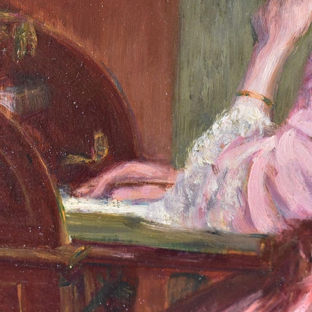 Henri-Charles Angéniol, Young Woman Reading, Oil on Wood, 20th Century, Framed For Sale - Image 5 of 9