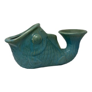 Large-Scale Vintage Turquoise Glazed Fish Planter / Sculptural Coastal Vessel – 20” For Sale
