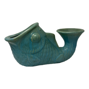 Large-Scale Vintage Turquoise Glazed Fish Planter / Sculptural Coastal Vessel – 20”