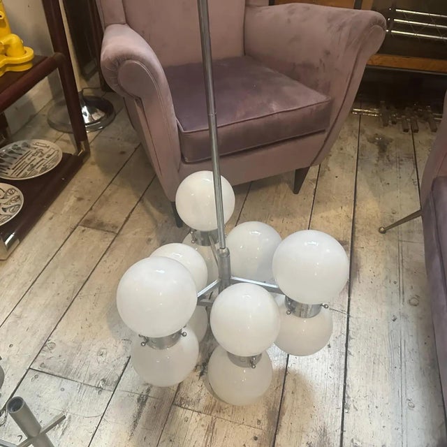 Mid-Century Modern 1960s Space Age Steel and Opaline Glass 10 Lights Italian Chandelier For Sale - Image 3 of 17