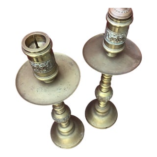 Pair of 31” Mid-Century Asian Brass Altar Candlesticks (1960s, Hong Kong/Vietnam) For Sale