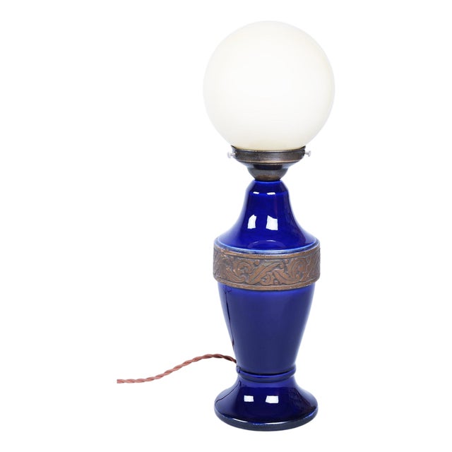 Art Deco Table Lamp in Cobalt Glass with Opal Lampshade, Czech, 1920s For Sale