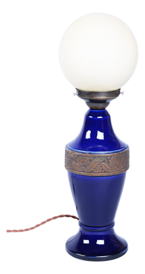 Art Deco Table Lamp in Cobalt Glass with Opal Lampshade, Czech, 1920s