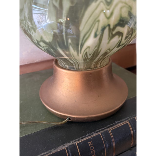 Asparagus 1960s Italian Empoli Style Green Swirl Art Glass Lamp, 25 Inch Marbled Glass on Brass Tone Base Table Lamp For Sale - Image 8 of 10