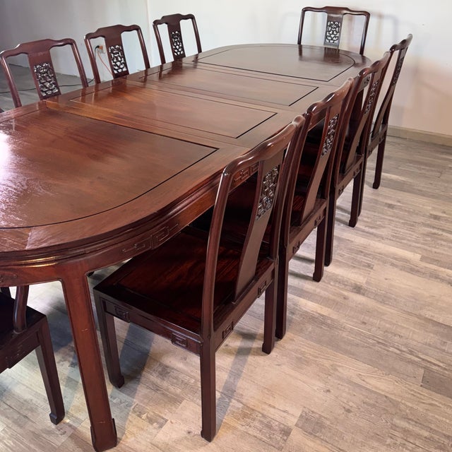 1980s Vintage Asian Rosewood Carved Longevity Extending Dining Table & 10 Chairs For Sale - Image 5 of 13
