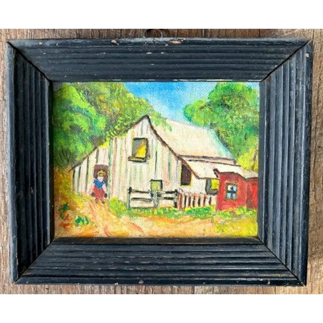 Early 20th Century Folk Art, Americana Small Oil Paintings - Collection of 3 in Original Wood Frames For Sale - Image 5 of 6