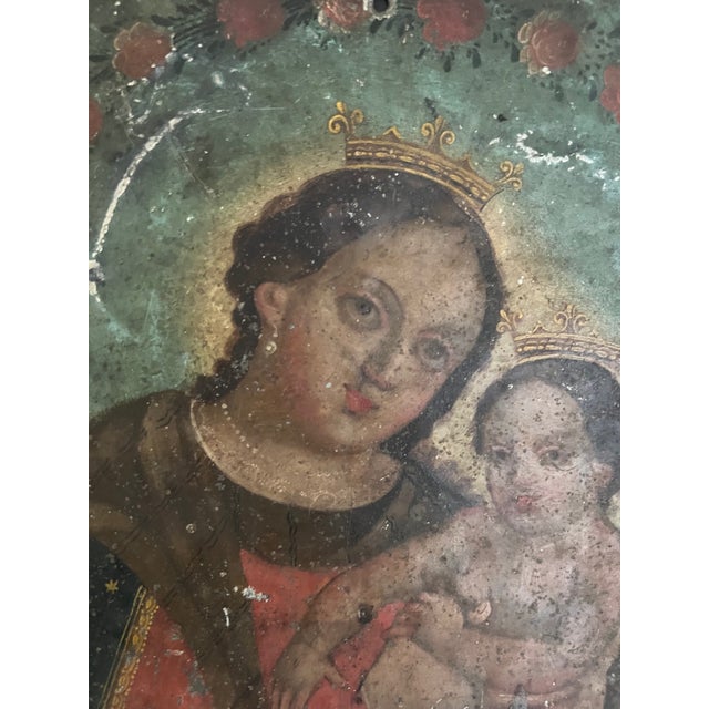 19th Century Virgin Mary and Christ Child Retablo, Oil on Tin For Sale - Image 10 of 13