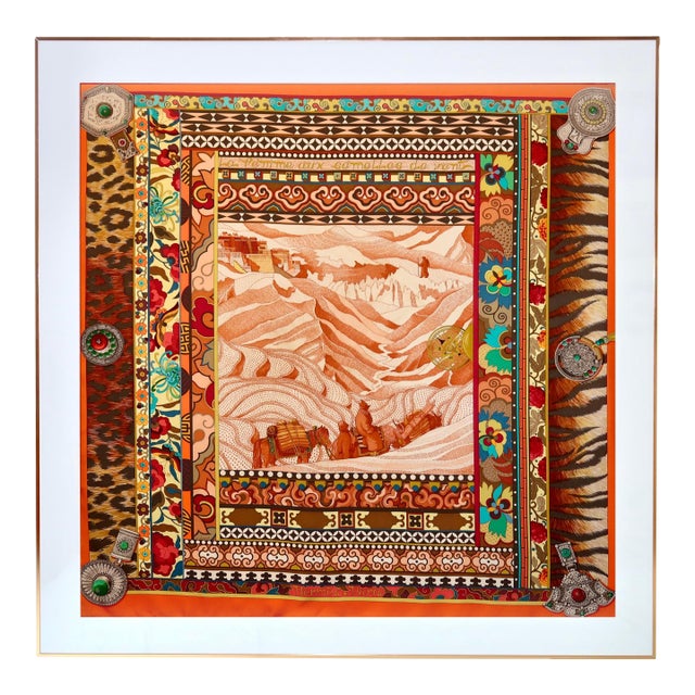 Framed Hermès Scarf "La Femme Aux Semelles De Vent" by Aline Honoré, 2009 - Orange Gold Frame For Sale