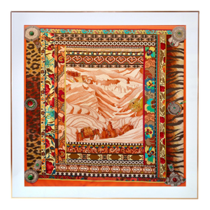 Framed Hermès Scarf "La Femme Aux Semelles De Vent" by Aline Honoré, 2009 - Orange Gold Frame