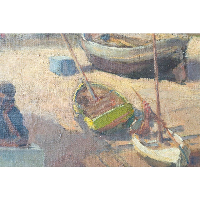 Spanish School, Mediterranean Fishing Village Harbor Coastal Landscape with Boats and Fishermen, 1910s, Oil on Canvas For Sale - Image 8 of 15
