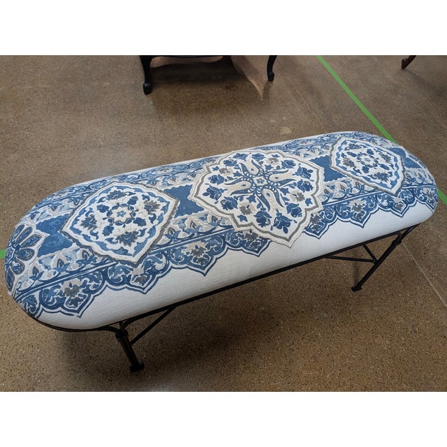 Chinoiserie Custom Blue & White Chinoiserie Upholstered Bench With Black Iron Base For Sale - Image 3 of 8