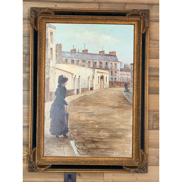 Large Vintage Parisian Street Scene Oil Painting of Victorian Woman in Ornate Gilt Frame For Sale - Image 4 of 17