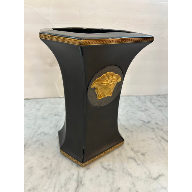 Classical Roman Black & Gold Versace Rosenthal Porcelain Vase With Gold Medusa Signed For Sale - Image 3 of 9