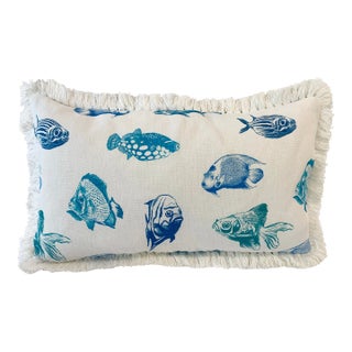 Artisan “Fish” Turq/Blue Colorway, Sustainably Hand Printed on Linen Lumbar Pillow Cover For Sale