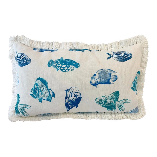 Artisan “Fish” Turq/Blue Colorway, Sustainably Hand Printed on Linen Lumbar Pillow Cover For Sale