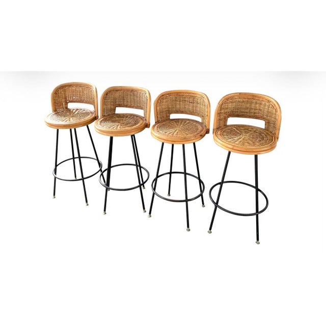 Mid-Century Modern 4 1960s Wicker/Bamboo/Wrought Iron Swivel Stools For Sale - Image 3 of 8