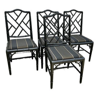 Set of 4 Vintage Black Laquer Chinese Chippendale Faux-Bamboo Dining Chairs For Sale