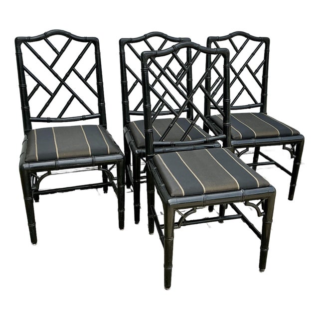 Set of 4 Vintage Black Laquer Chinese Chippendale Faux-Bamboo Dining Chairs For Sale