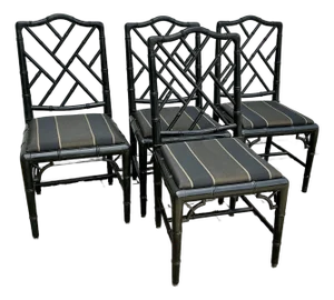 Set of 4 Vintage Black Laquer Chinese Chippendale Faux-Bamboo Dining Chairs
