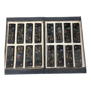 Set of Sixteen Chinese Art Calligraphy Black Ink Sticks With Landscape and Poem Decoration For Sale