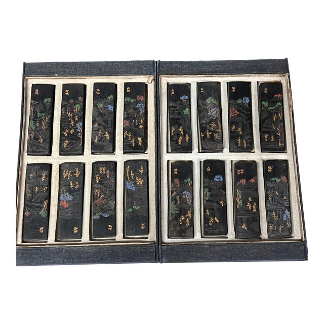 Set of Sixteen Chinese Art Calligraphy Black Ink Sticks With Landscape and Poem Decoration For Sale