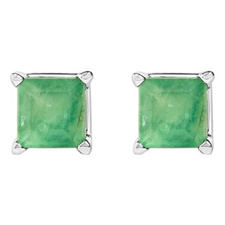 14K White Gold 5x5MM Princess Cut Green Emerald Solitaire Stud Earrings For Sale
