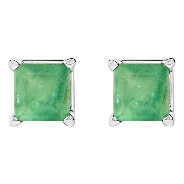 14K White Gold 5x5MM Princess Cut Green Emerald Solitaire Stud Earrings For Sale