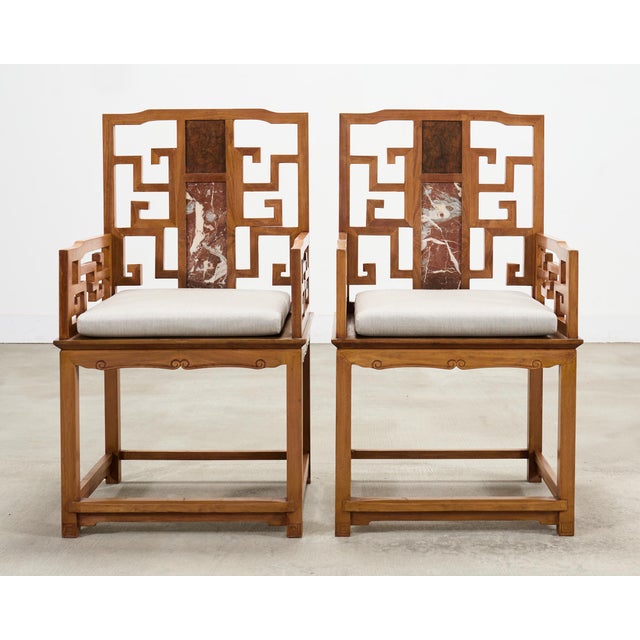 Chinese Pair of Chinese Ming Style Scholar's Armchairs With Marble Inset For Sale - Image 3 of 18