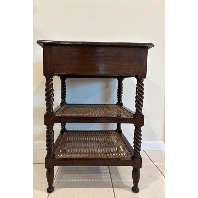 Late 19th Century British Colonial Side Table-Antique Mahogany End Table-Three Tiered Caned Stand-Barley Twist Legs-Two Drawers For Sale - Image 4 of 12