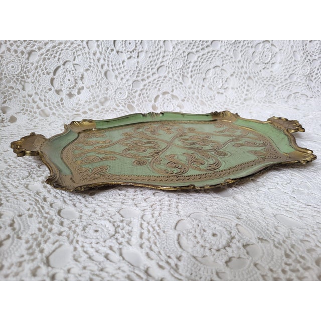 Traditional 1950s Italian Florentine Green & Gold Gilt Rectangular Tray For Sale - Image 3 of 5