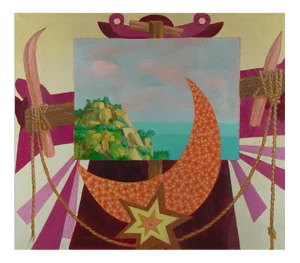 Leo Guida, Italian Landscape with Signals, Original Oil on Canvas, 1984