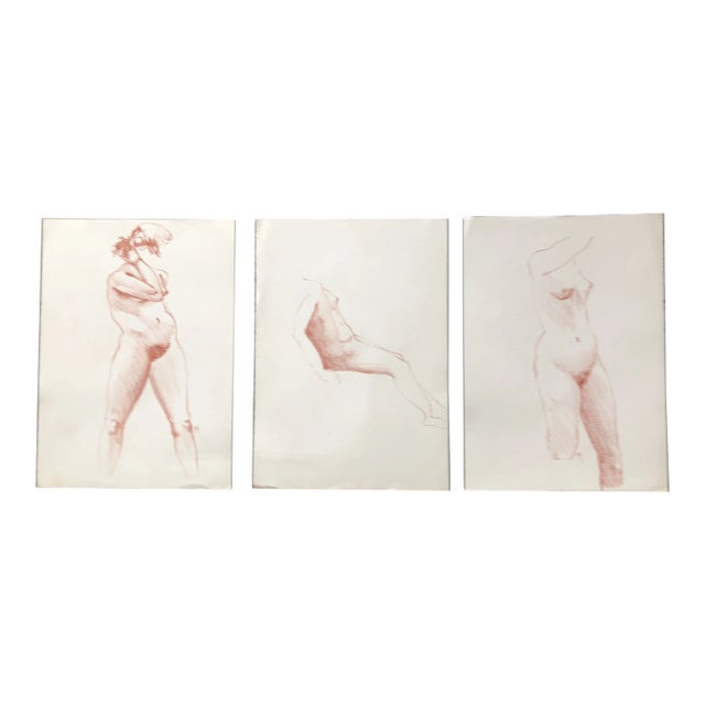Gallery Wall Collection- 3 Vintage 1970s Female Nude Sepia Drawings - Set of 3 For Sale