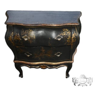 Antique Petite Bombe 2 Drawer Italian Chinoiserie Black Gold Commode For Sale