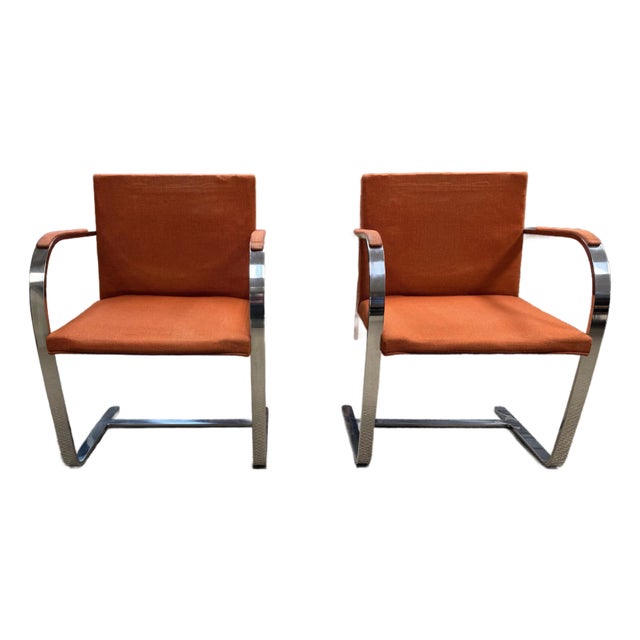 Pair of Knoll Brno Flat Bar Armchairs by Ludwig Mies Van Der Rohe, Original 1970s Upholstery For Sale