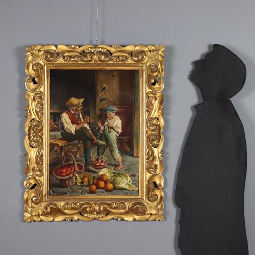 Oil on canvas. Signed lower right. The scene shows the old farmer sitting smoking a pipe in the kitchen, in front of the...