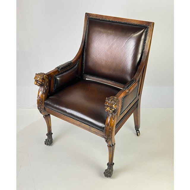 Pair of Theodore Alexander Regency Style Carved Lion & Hairy Paw Caster Armchairs in Brown Leather For Sale - Image 17 of 17