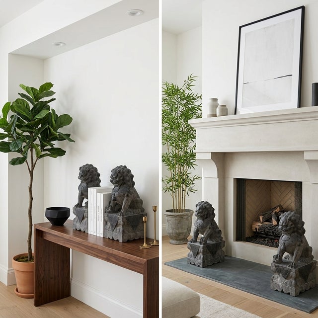 Chinese 20" Chinese Pair Black Gray Stone Fengshui Foo Dog Lion Statues For Sale - Image 3 of 13