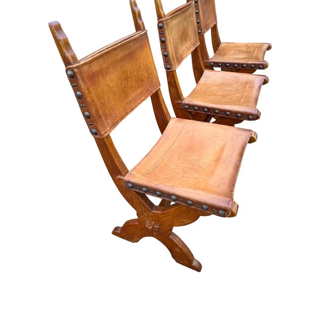 Dutch Brutalist Oak and Leather X-Frame Dining Chairs by Bram Sprij, 1960s, Set of 6 For Sale - Image 6 of 9